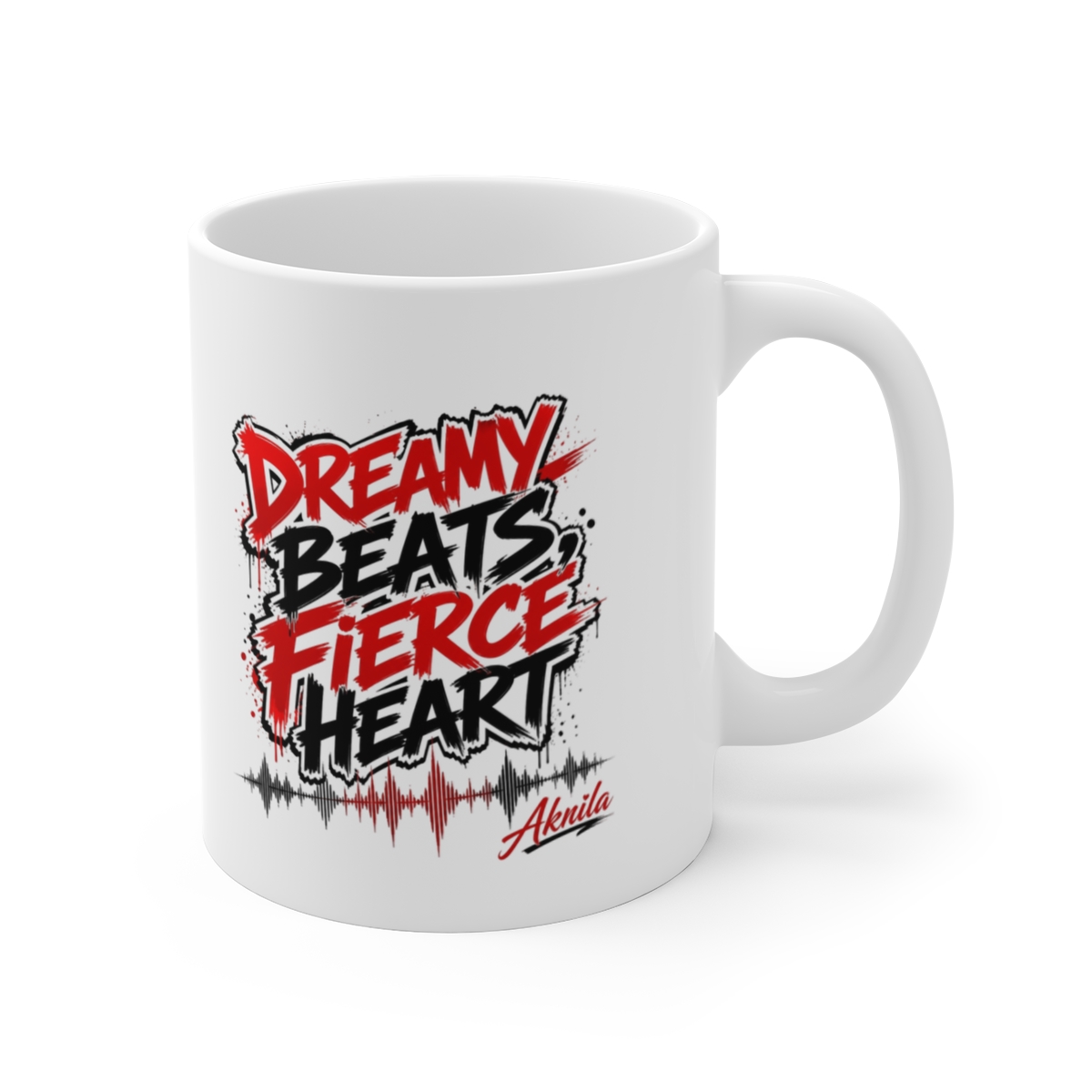 Akriila "Dreamy Beats, Fierce Heart" White Mug - Official mugs merchandise